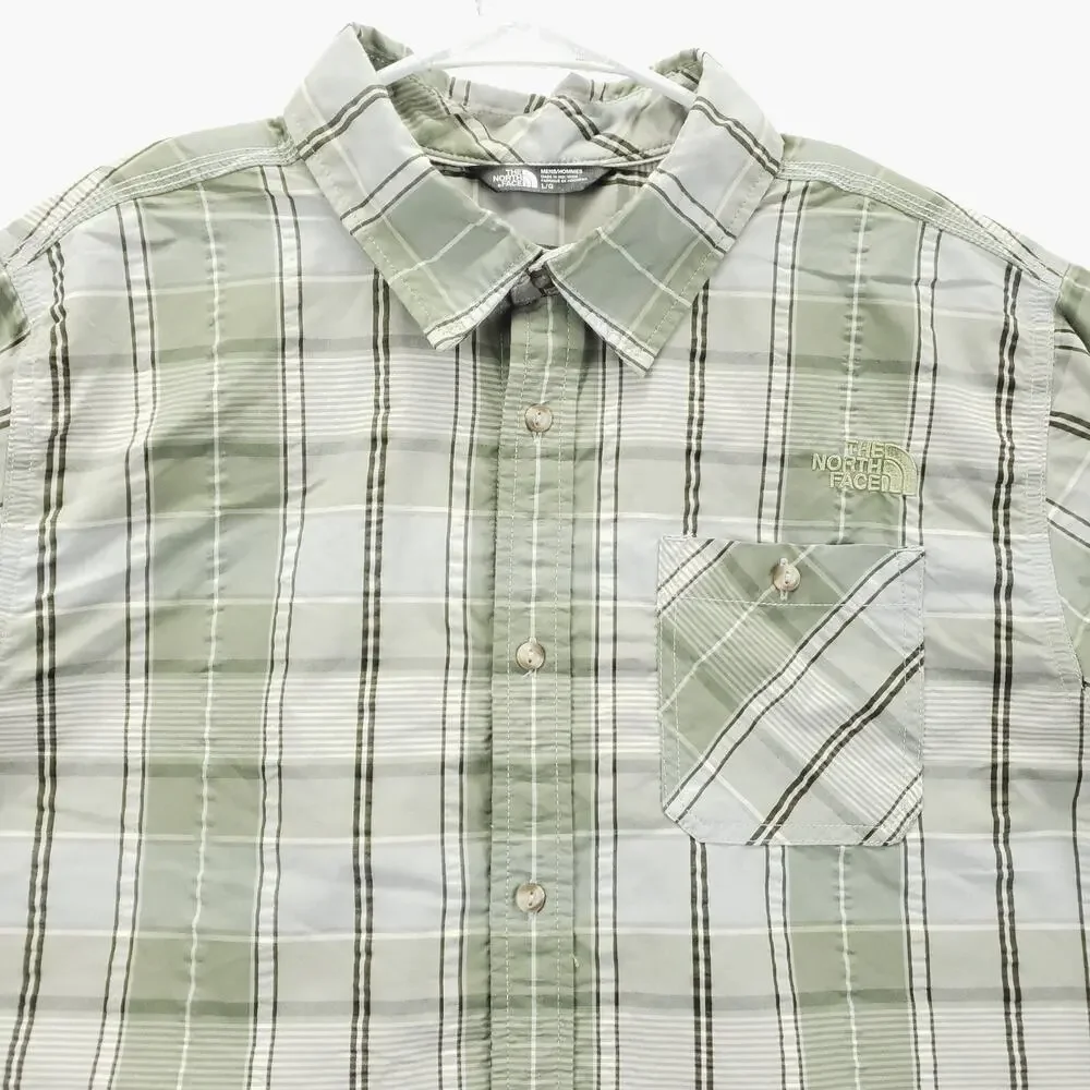 The North Face Shirt Mens Large Olive Green Plaid Nylon Short Sleeve Button-Up